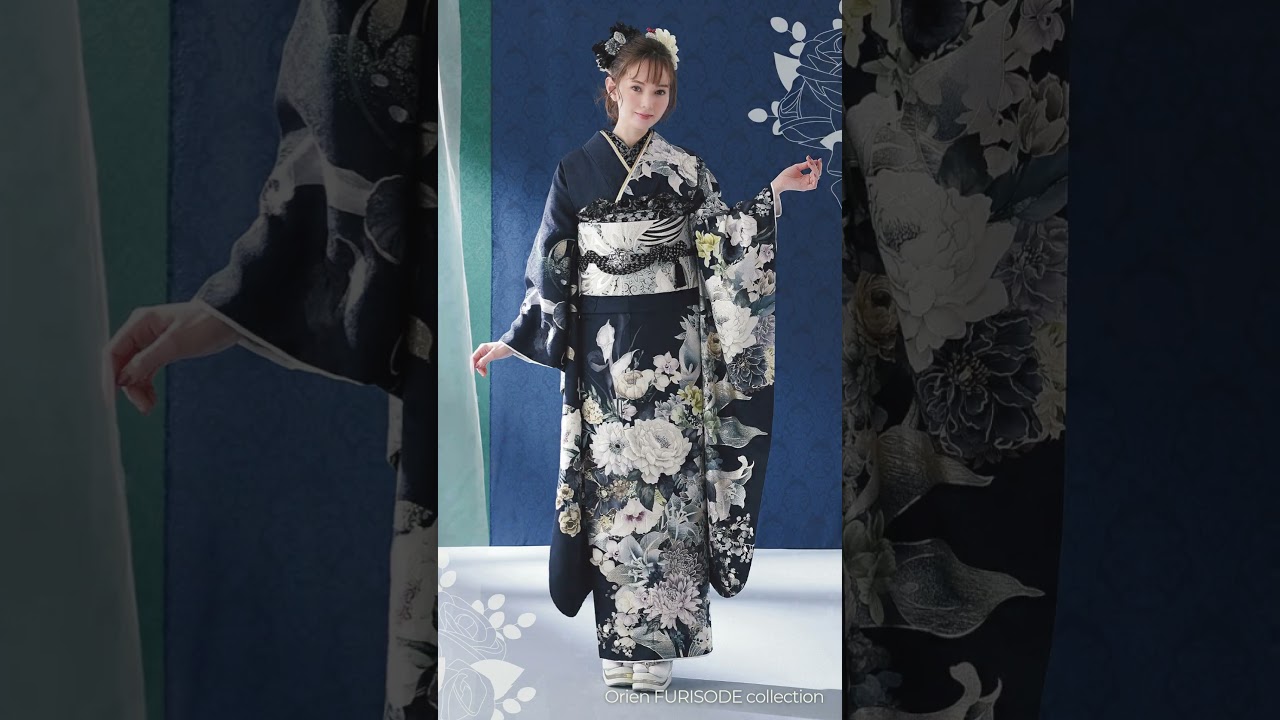 假屋崎省吾振袖の世界 紺地に咲くシルバー花柄がラグジュアリーな