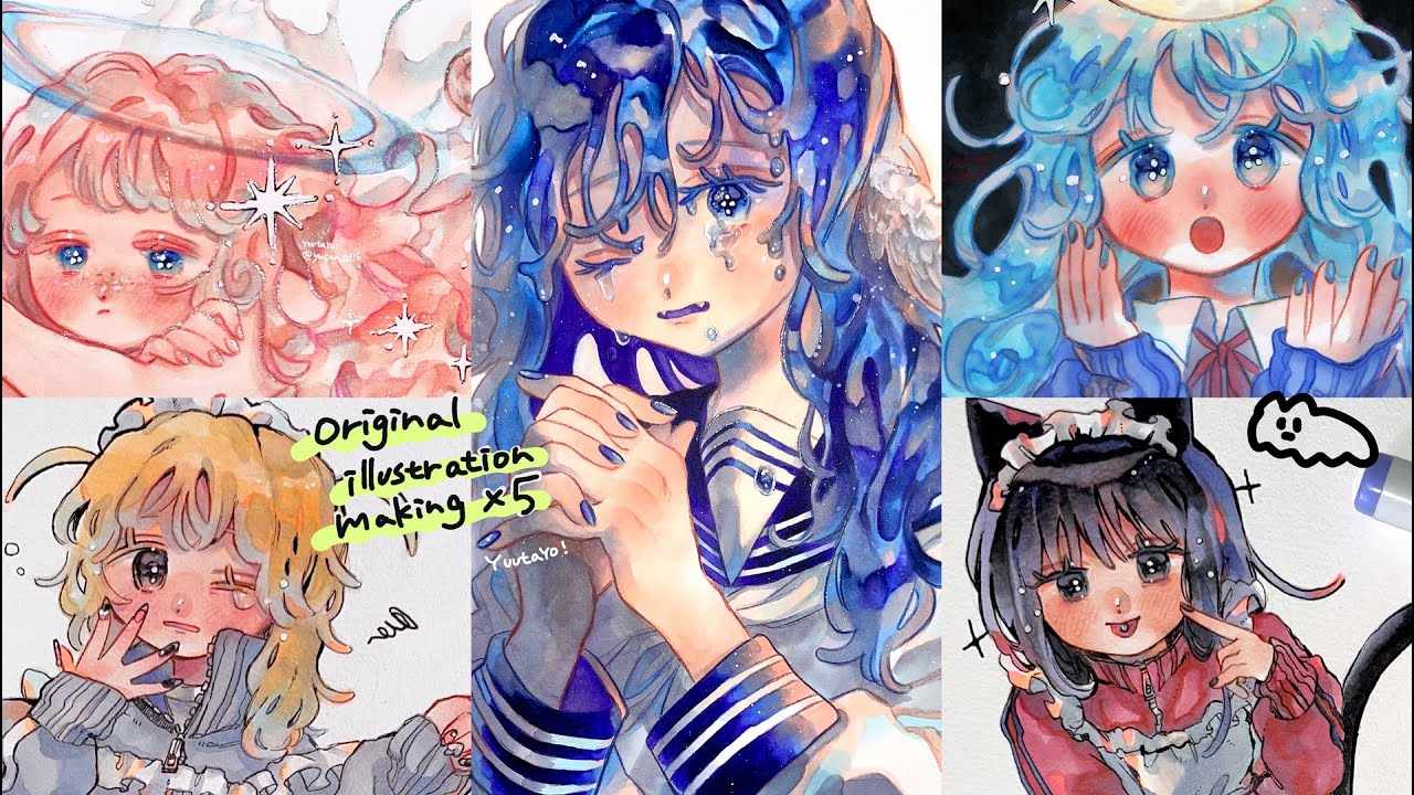 オリジナルイラストメイキング#28・4月の絵5連［アナログ絵］ - YouTube