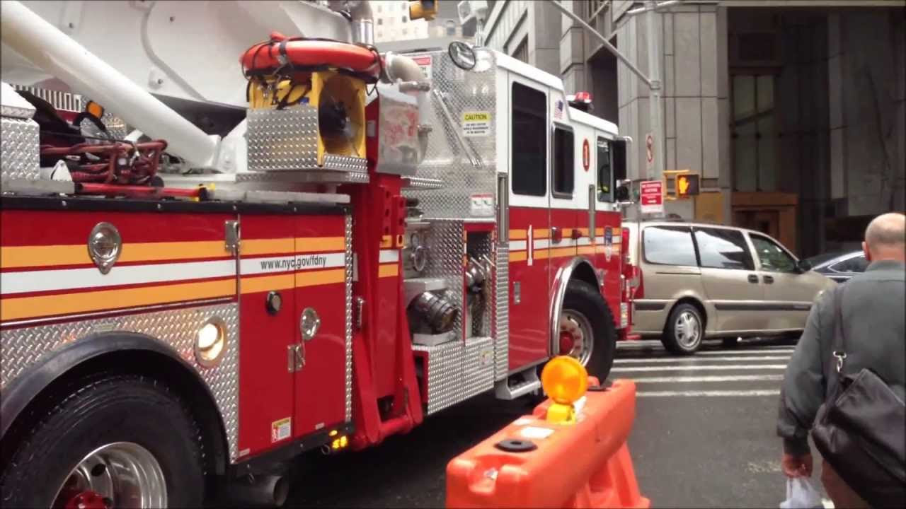 BRAND NEW FDNY TOWER LADDER 1 RESPONDING FROM FIREHOUSE ON DUANE