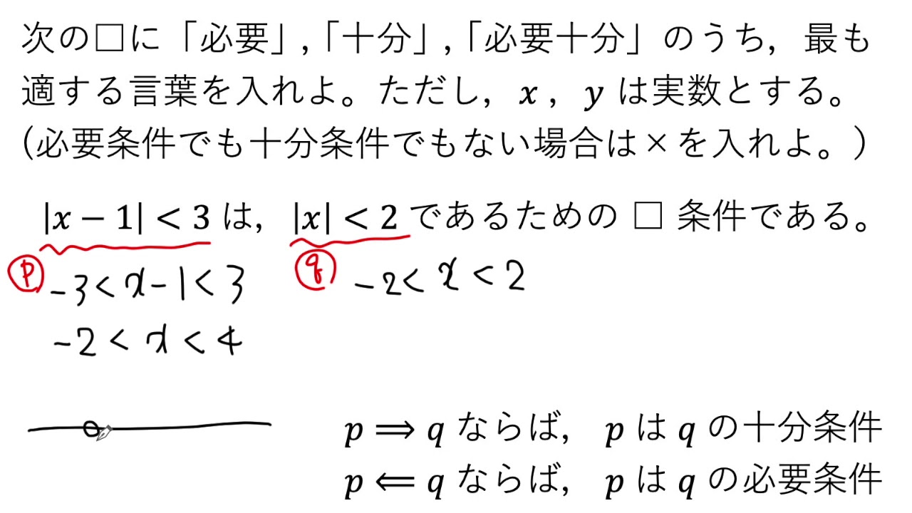 動画で解説】|xー1|＜3 は，|x|＜2 であるための□条件（必要・十分
