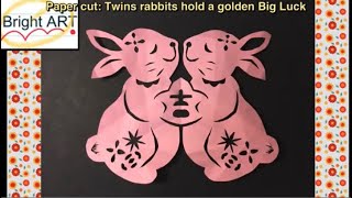 Bright Art : Paper cut: Twins rabbits hold a golden Big Luck - YouTube