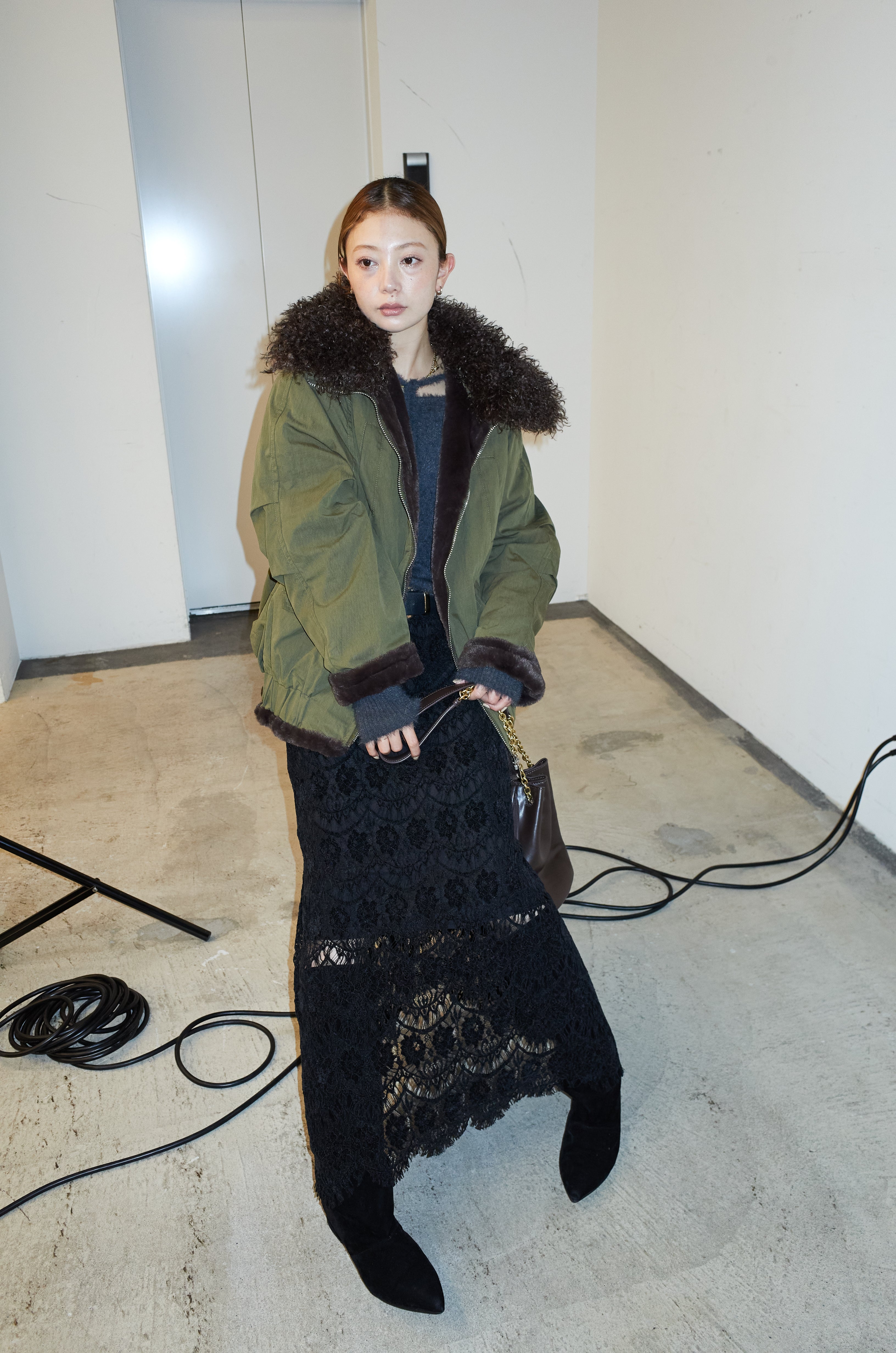 予約/SET]ボア襟ジップブルゾン+レース刺繍ロングスカート(2set