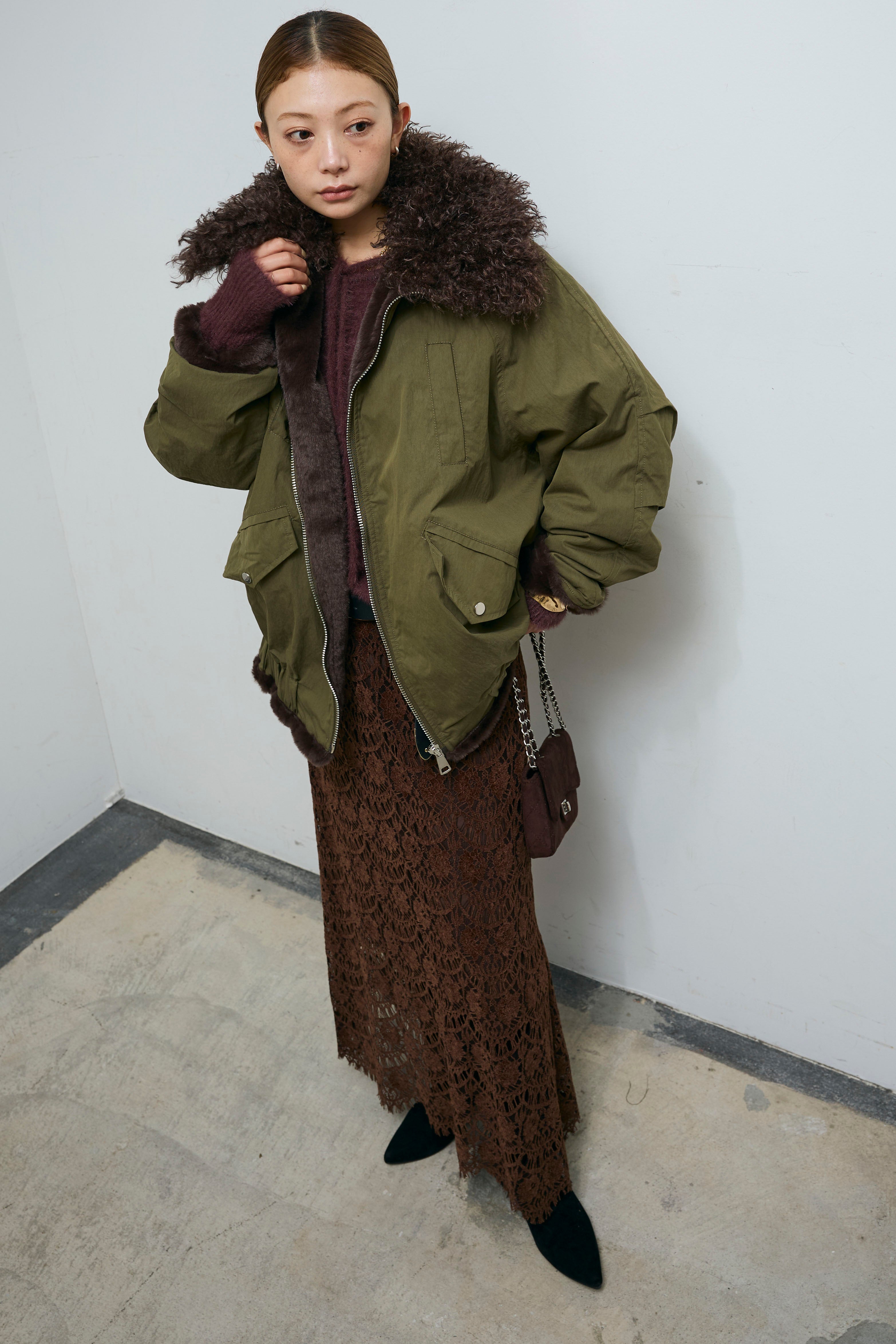 予約/SET]ボア襟ジップブルゾン+レース刺繍ロングスカート(2set