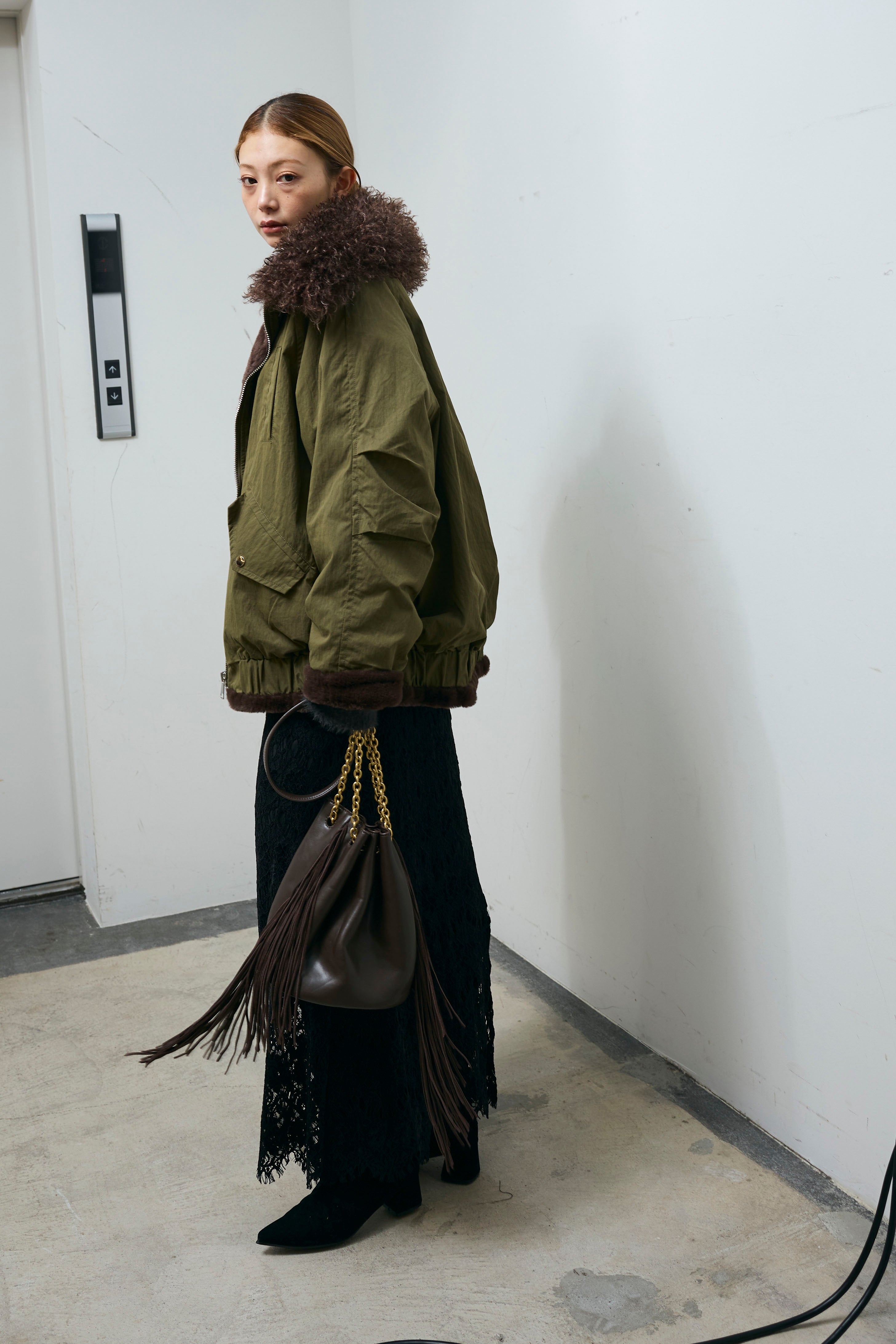 予約/SET]ボア襟ジップブルゾン+レース刺繍ロングスカート(2set