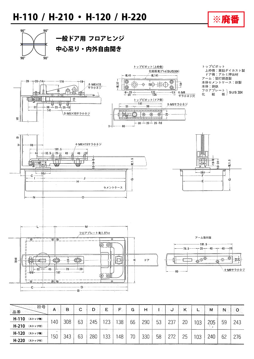 H-511Z ※4mmアームライナー付き｜廃番フロアヒンジ H-110用 埋替品・斫