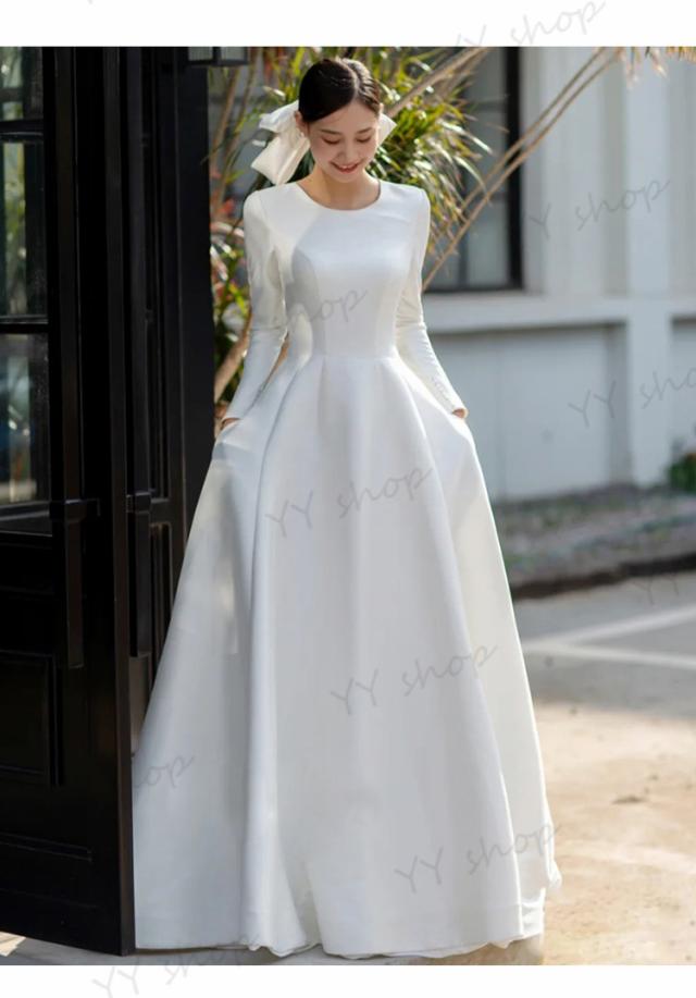 独特 高級サテン ウェディングドレス ロングドレス トレーン Aライン