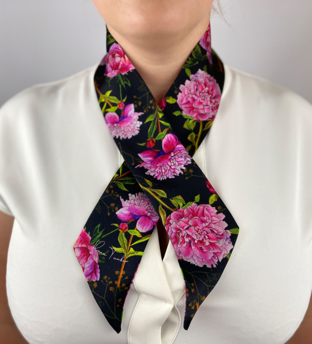 Peonies Silk Twilly Scarf - Ilona Tambor
