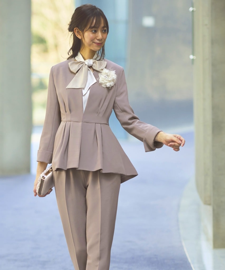 S~5L】ノーカラーウエストタックペプラムパンツスーツ3点セット | ルイ