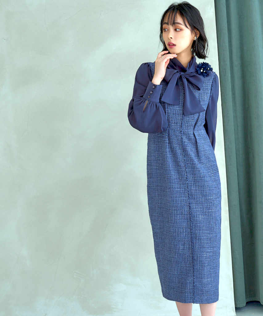 S～3L】ミックスツイードコンビ・ロングナローワンピースドレス | ルイ