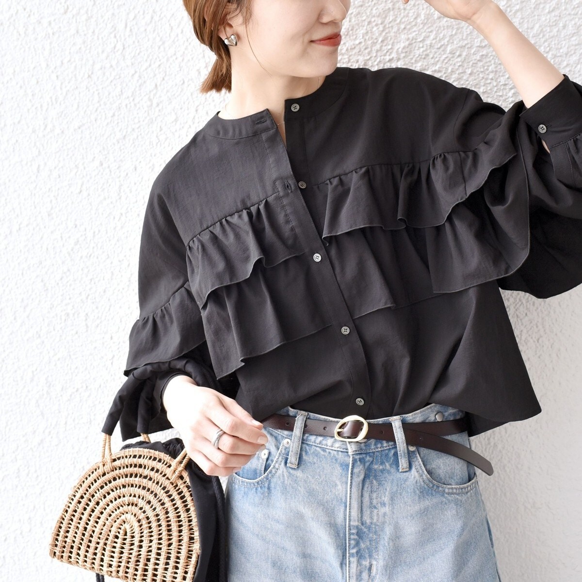 SHIPS any:〈洗濯機可能〉ボイル フリル バンドカラー シャツ ブラウス