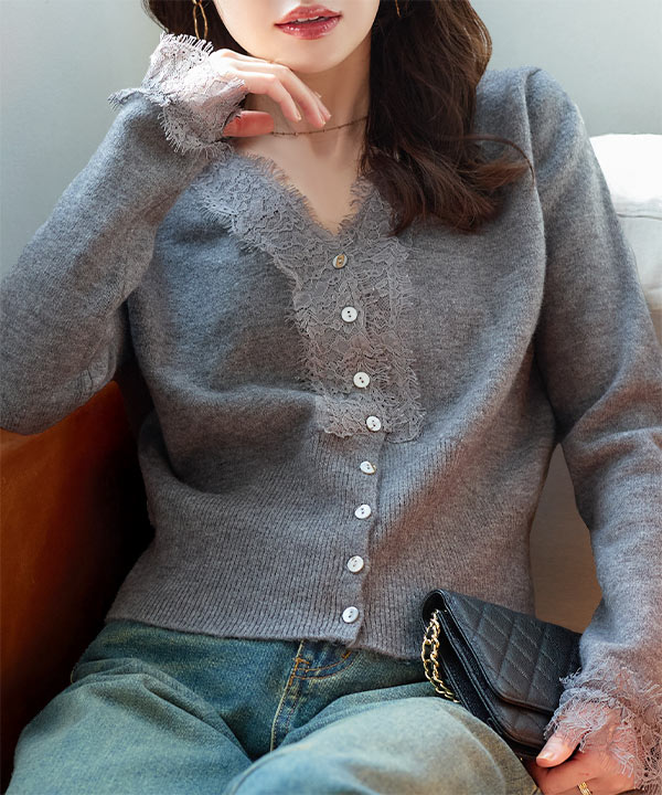 Vネックレースニットカーディガン [N1278] | 神戸レタス(KOBE LETTUCE