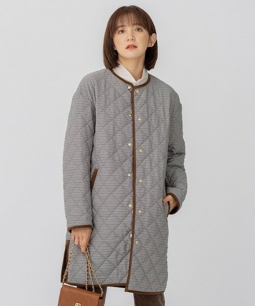 セール】 中綿 キルティング チェック柄ノーカラーコート （ダウン