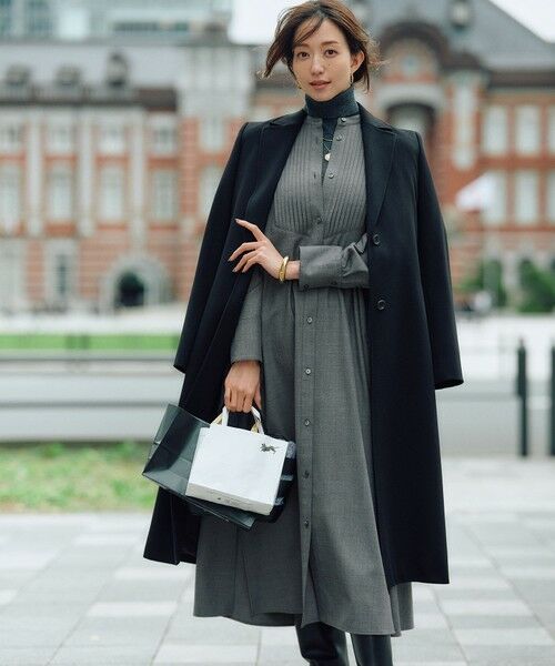 CLASSY.コラボ/洗える】ウールストレッチツイル ピンタック ワンピース