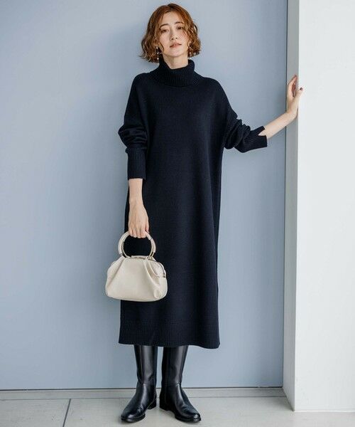 セール】 【洗える】ウールカシミヤ タートルネック ニットワンピース