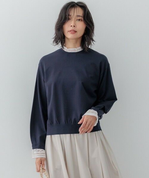 セール】 【洗える】ヴィスコースストレッチ レースコンビ ニット