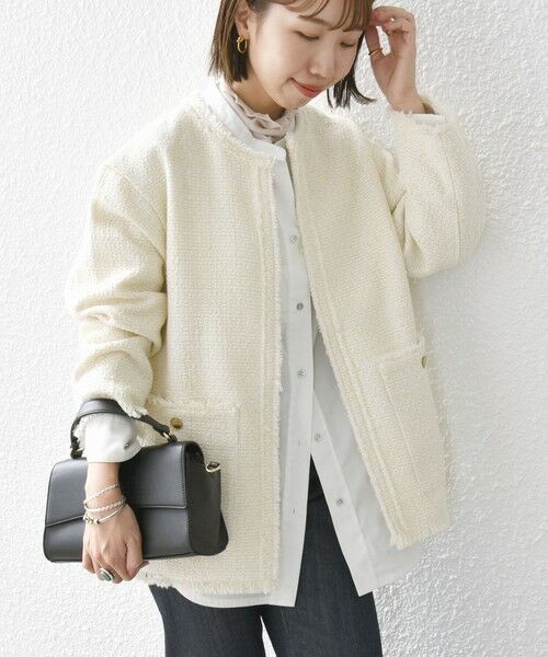 セール】 【WEB限定】SHIPS any:〈手洗い可能〉ツイード ノーカラー