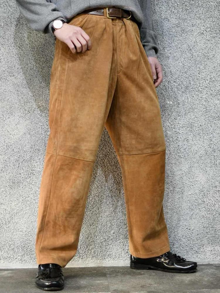 古着通販】古着 ヌバックレザー レザーパンツ ワイドパンツ タック