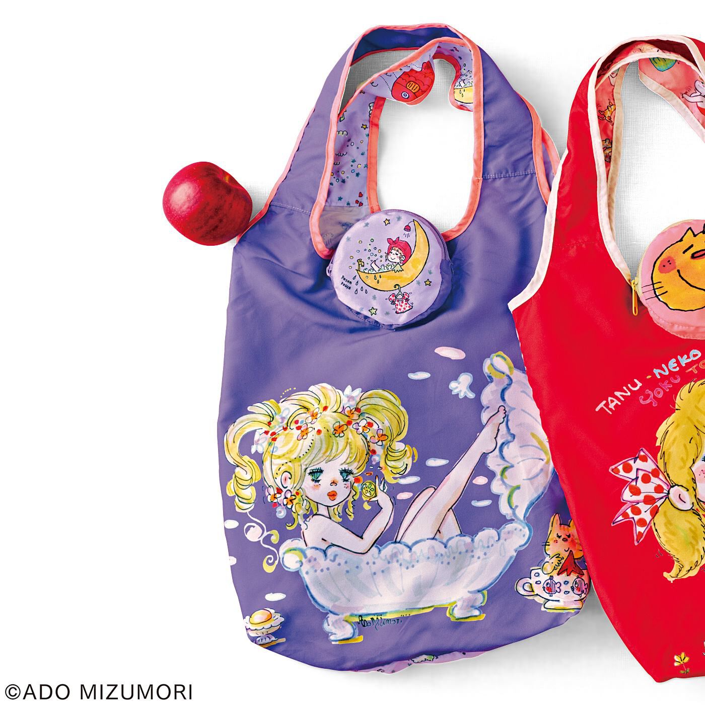 カワイイ！ 水森亜土 たたんでしまえるエコバッグ〈赤×ピンク