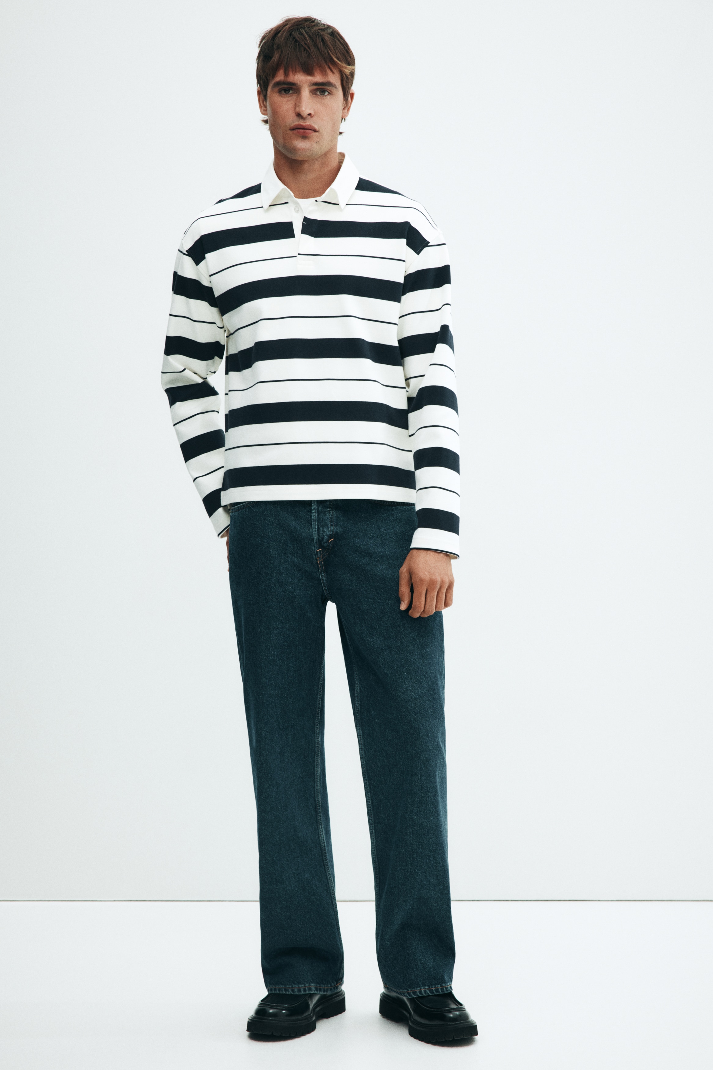 ルーズフィットラガーシャツ - ホワイト／ネイビーブルーボーダー