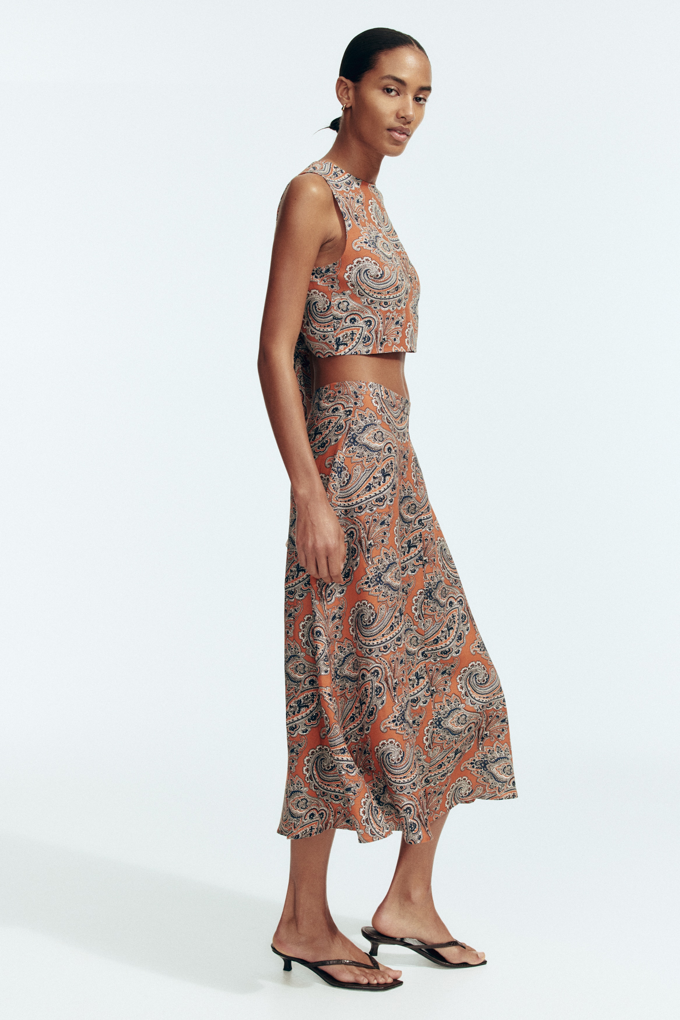 Linen-Blend Skirt - Dark orange/paisley pattern - Ladies | H&M US