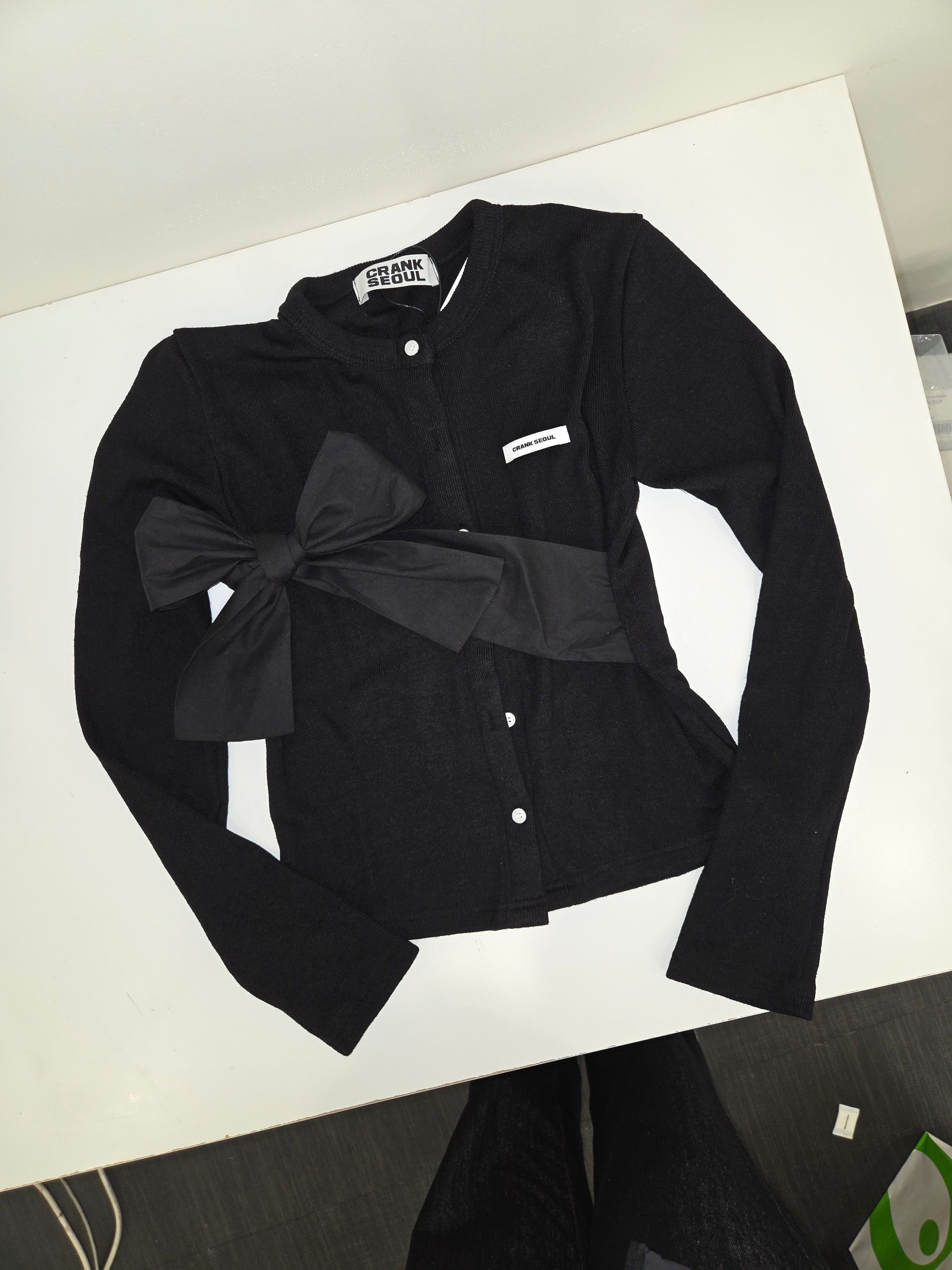 MUSINSA | CRANK Ribbon Tied Knit Cardigan_Black