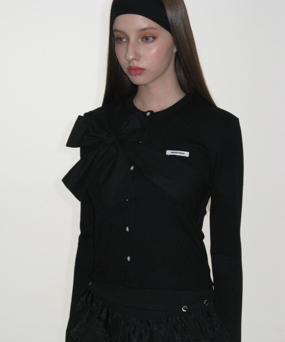 MUSINSA | CRANK Ribbon Tied Knit Cardigan_Black