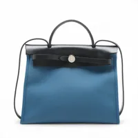 エルメス エールバッグジップPM トワルオフィシエxレザー ブルー