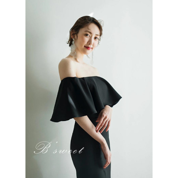 送料無料】フリルオフショルダーマーメイドドレス（ブラック