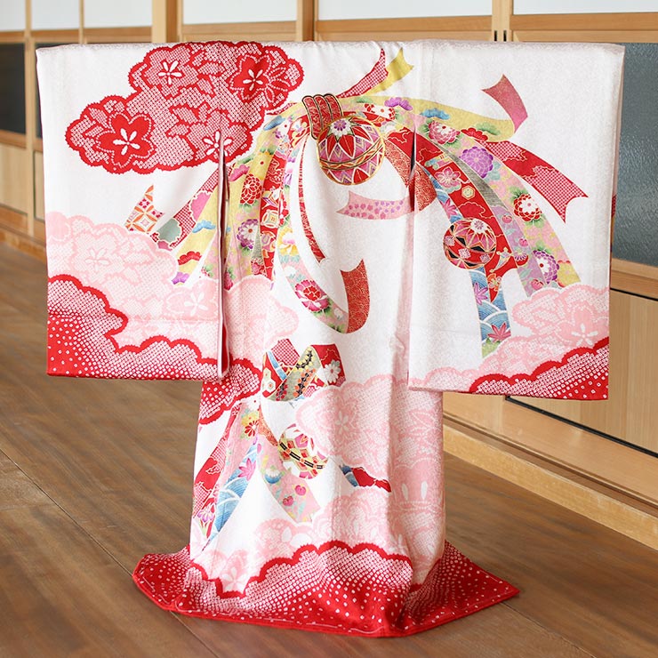 楽天市場】お宮参り 女の子 初着 産着 束ね熨斗に鞠 白×赤 正絹 一つ身