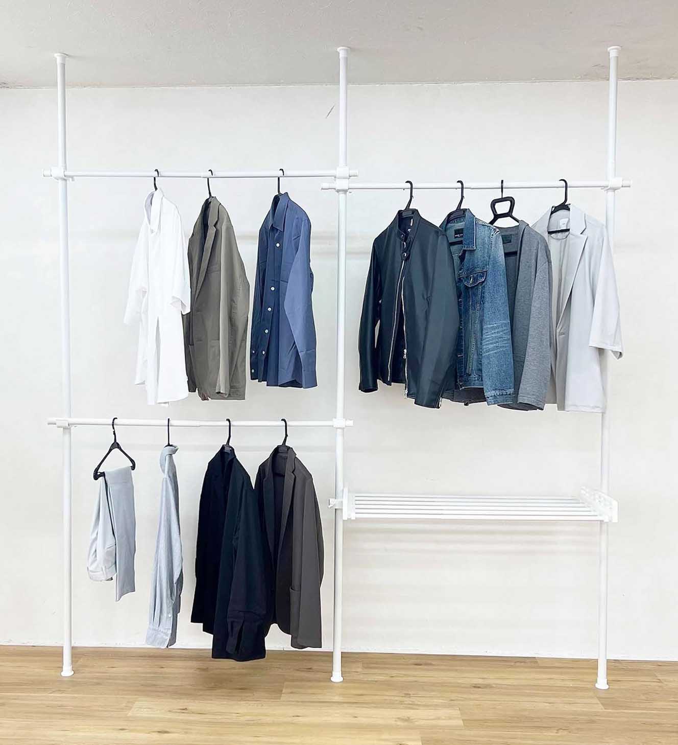 楽天市場】Yoquna 突っ張り ハンガーラック トリプル 棚付き 伸縮 横