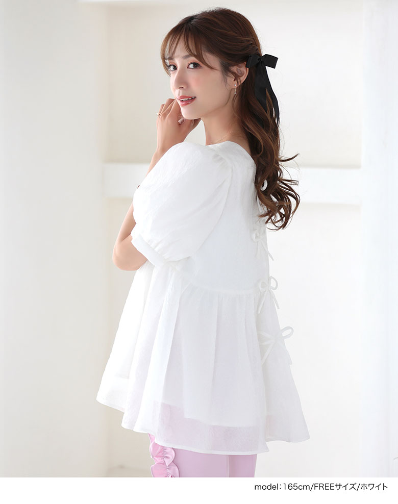 バックリボンフラワーデザインブラウス バックリボン ブラウス パフ袖