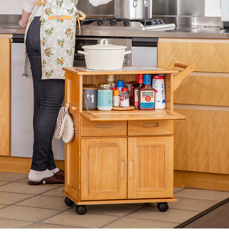 楽天市場】天然木フラップ式キッチン収納ワゴン キッチンワゴン