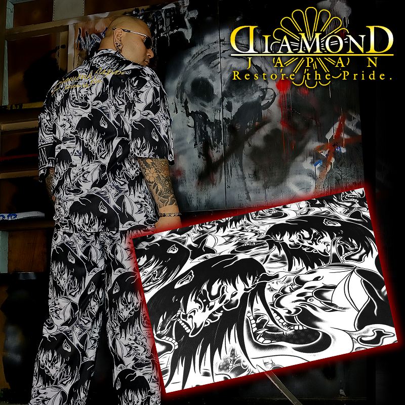 楽天市場】刺繍入り 般若総柄 半袖 セットアップ ジャージ 白×黒