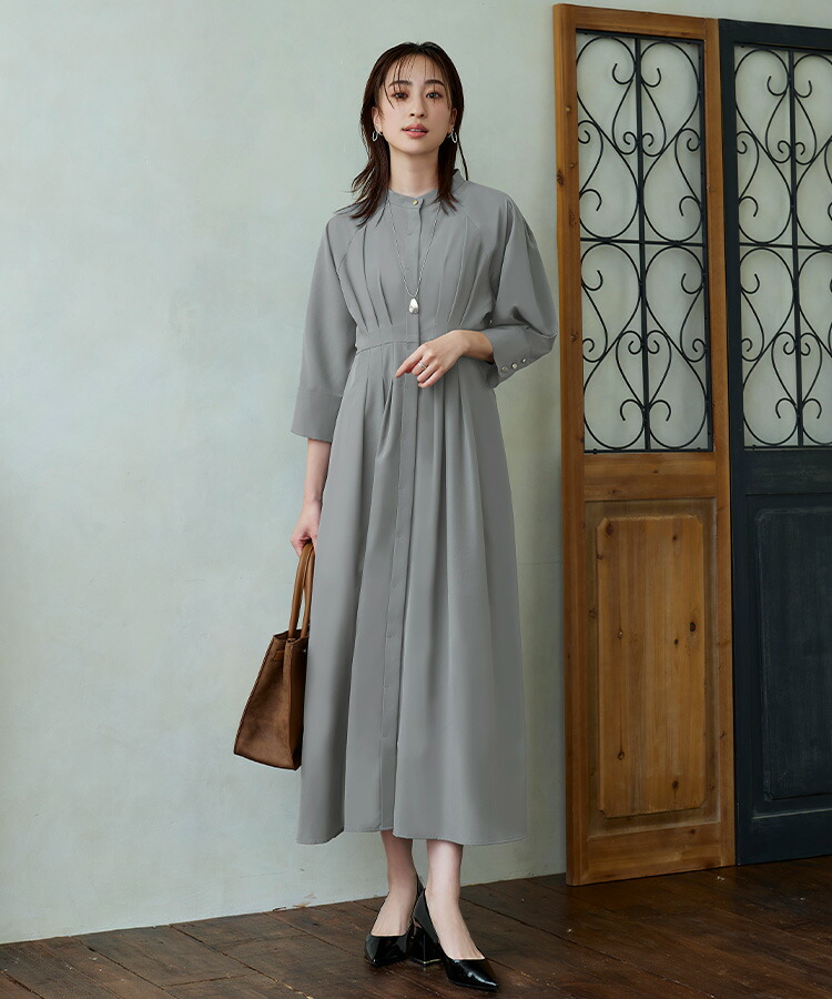 ウエストタック・バンドカラーロングワンピース「CU1208」