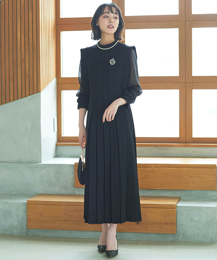 シアースリーブプリーツロングワンピース「U1193」