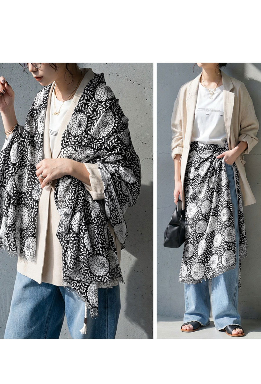 再入荷予定有!モノクロフラワー ストール レディース 大判 フリンジ