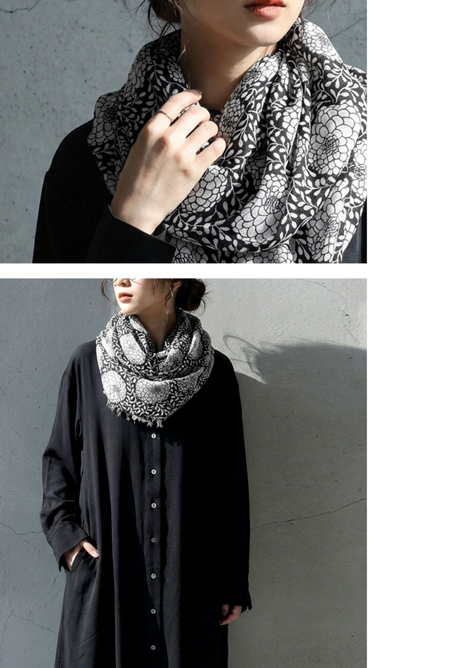 再入荷予定有!モノクロフラワー ストール レディース 大判 フリンジ