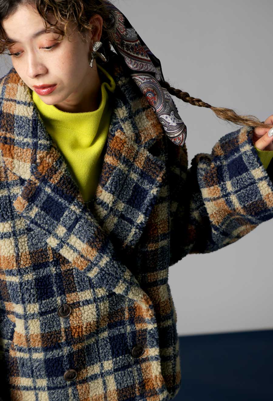 チェック柄 ボアジャケット レディース ロング丈 送料無料・メール便