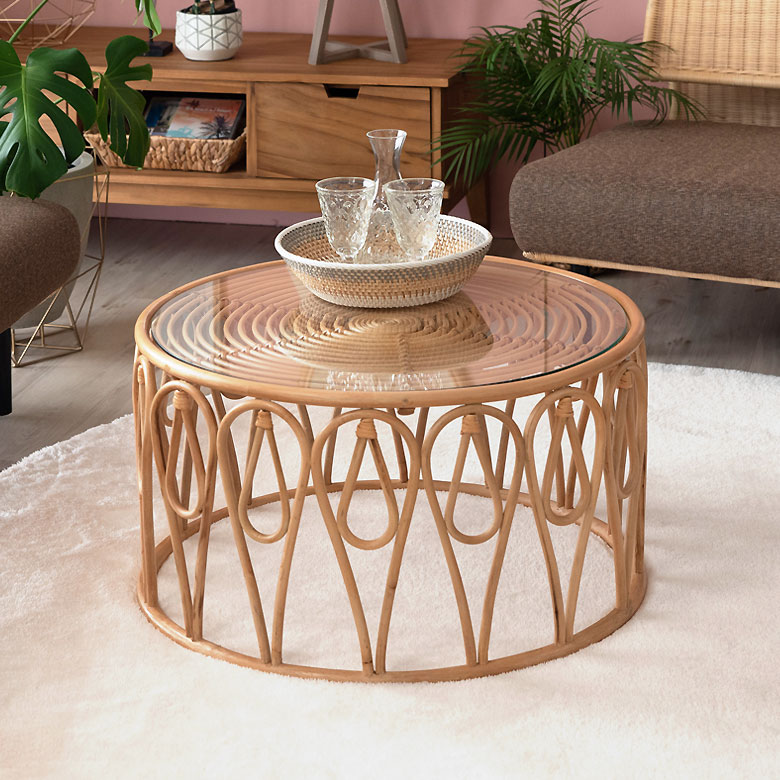 楽天市場】センターテーブル ラタン製 円型 ラウンドテーブル ガラス天