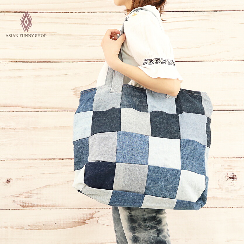 楽天市場】【送料無料】パッチワーク デニムトートバッグ トートバッグ