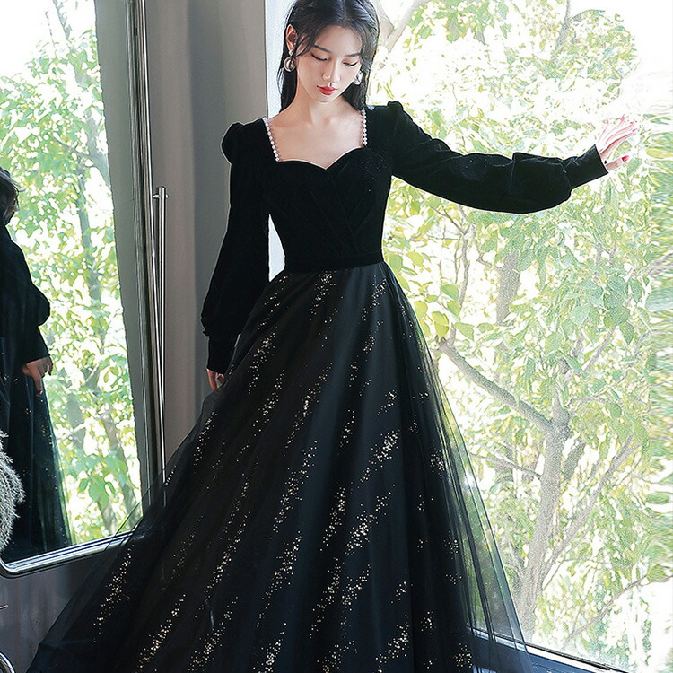 楽天市場】パーティードレス ロングドレス 黒 イブニングドレス ピアノ