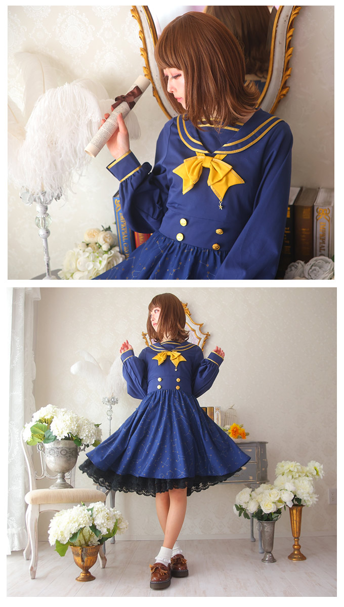 ワンピース ミディアム丈 セーラー襟 星 星座 夜空 ＊Favorite