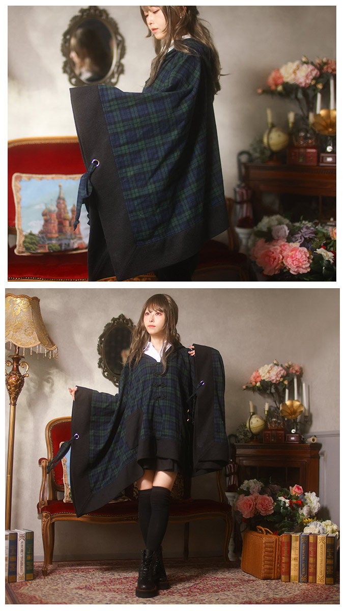 最短即日出荷】ジャケット ポンチョ スクエア チェック リボン 魔法