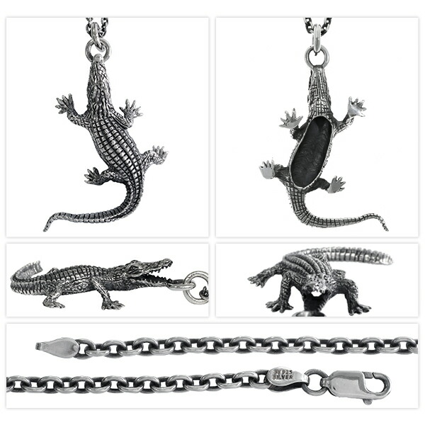 クロコダイル シルバー ネックレス (チェーン付き) ワニ ペンダント
