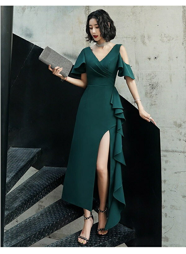 楽天市場】サイドスリット ロングドレス vネック 肩出し フリル