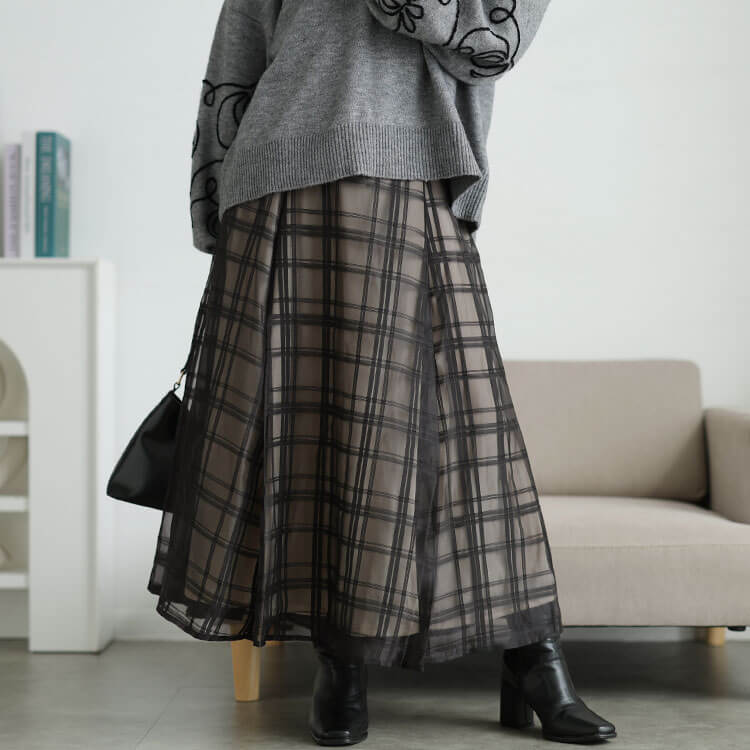 大きいサイズ レディース シアーチェックレイヤードフレアスカート