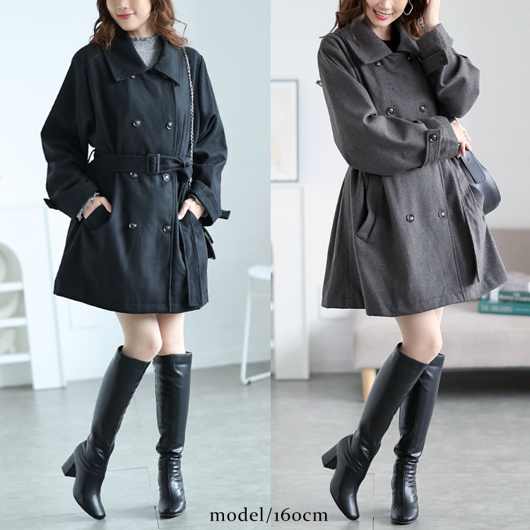 大きいサイズ レディース ベルト付きダブルボタンコート fem-538