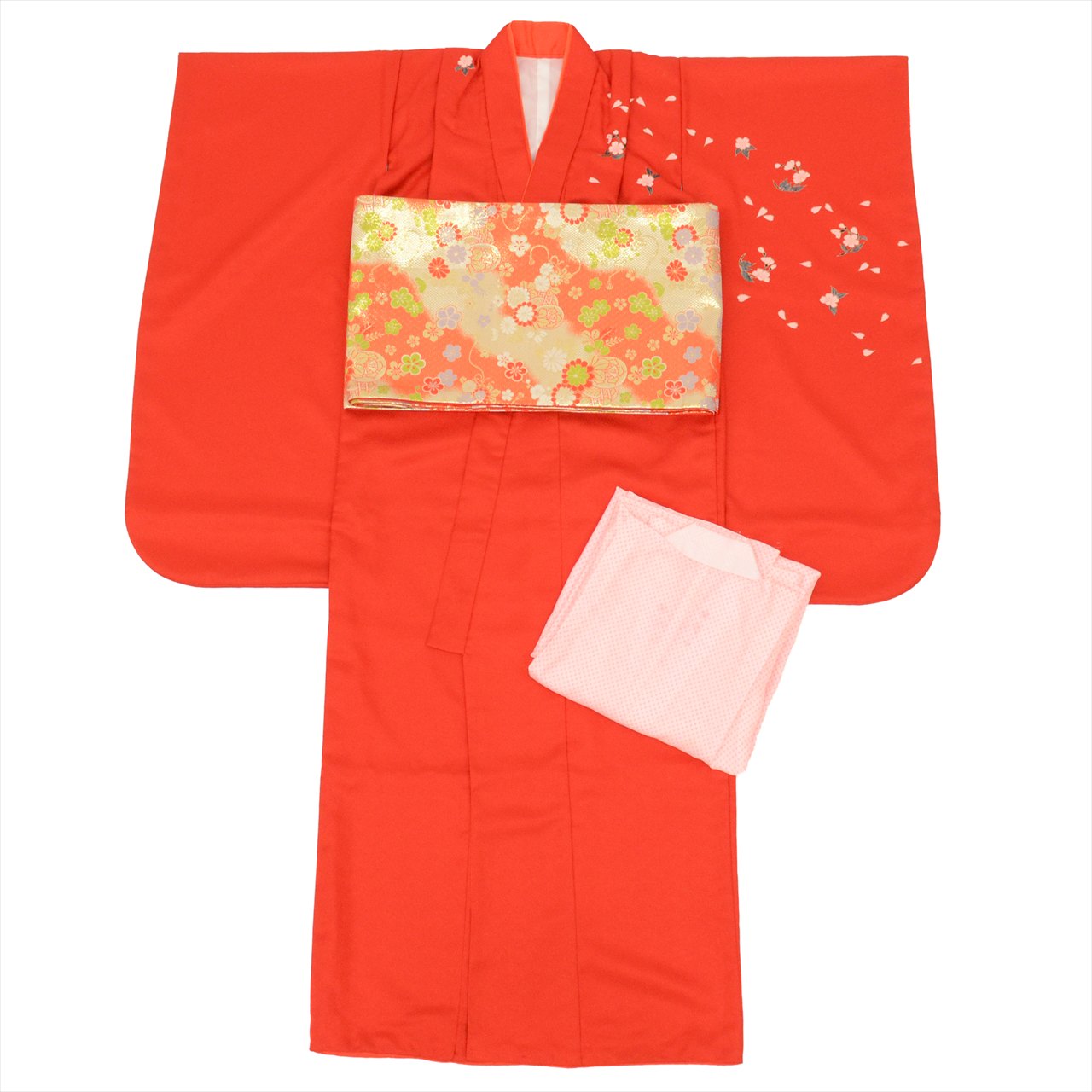 七五三 女の子 7歳 3点セット 化繊 着物 帯 長襦袢 重ね衿付き 仕立て