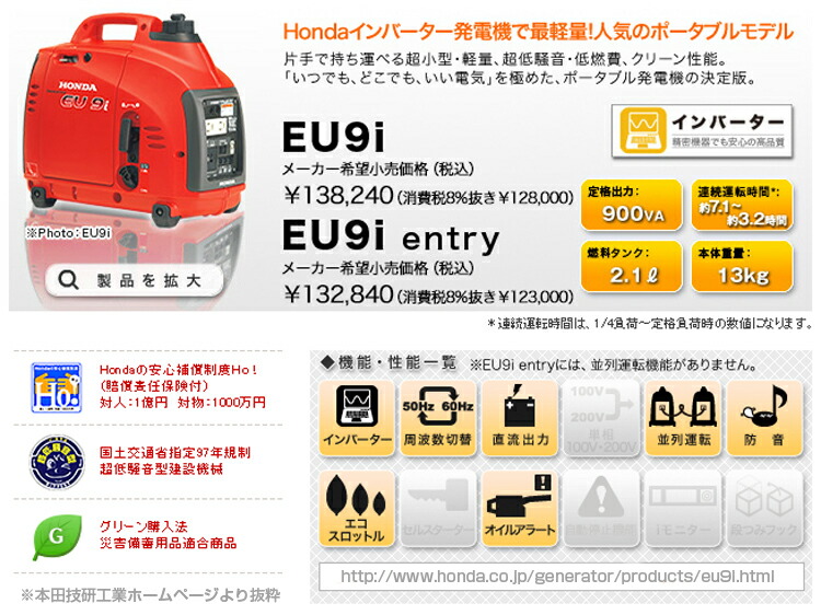 ホンダインバーター発電機 EU9i-entry |【EU9iT1-JN3】 — PLOW(プラウ