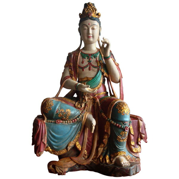 仏像 彩絵 観音菩薩坐像 小 古色仕上げ 高さ47cm 観音 ご本尊 仏教